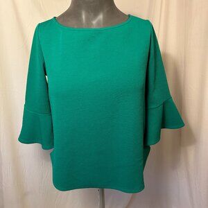 Bright Flirty Kelly Green Crew Neck Dress Top; 3/4 Bell Sleeve (Size L)